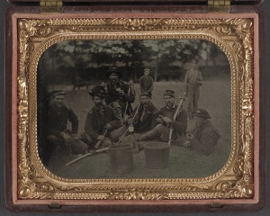 Six unidentified soldiers in 45th Ohio Infantry Regiment officers' uniforms with sabers. 1862-1865. [1]